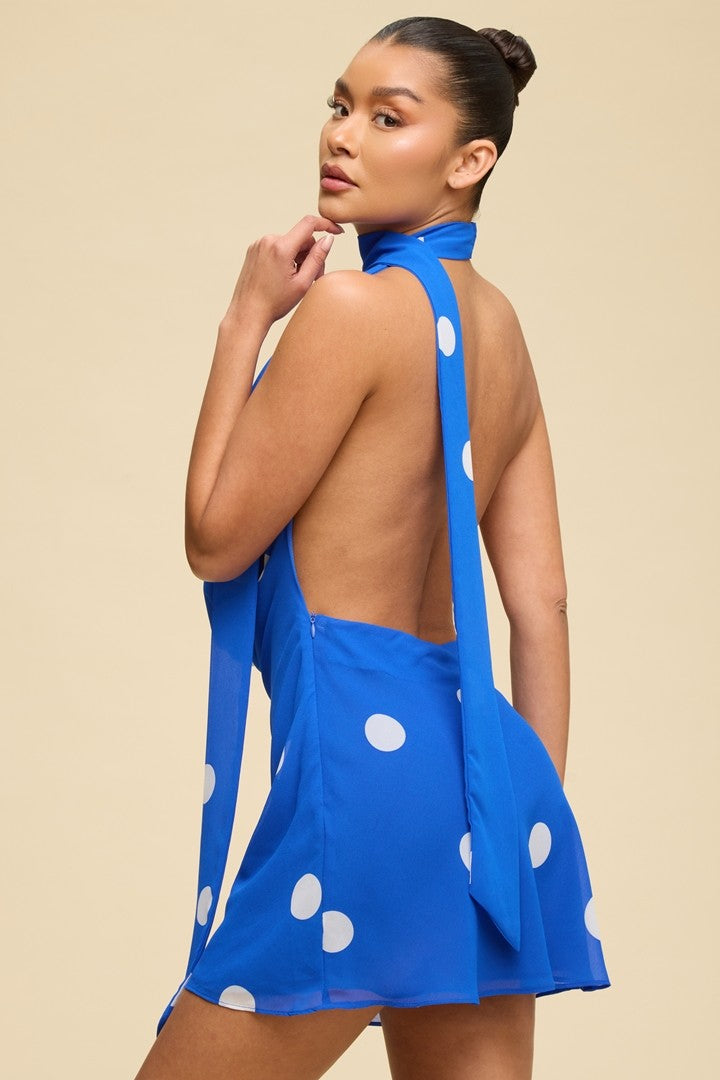 blue dress with dots BOUTONS LONG DRESS in blue and white polka dots Marcia Wear