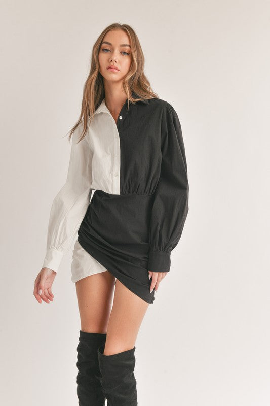 Split Decision White and Black Color Block Wrap Mini Dress S Split Decision White and Black Color Block Wrap Mini Dress S