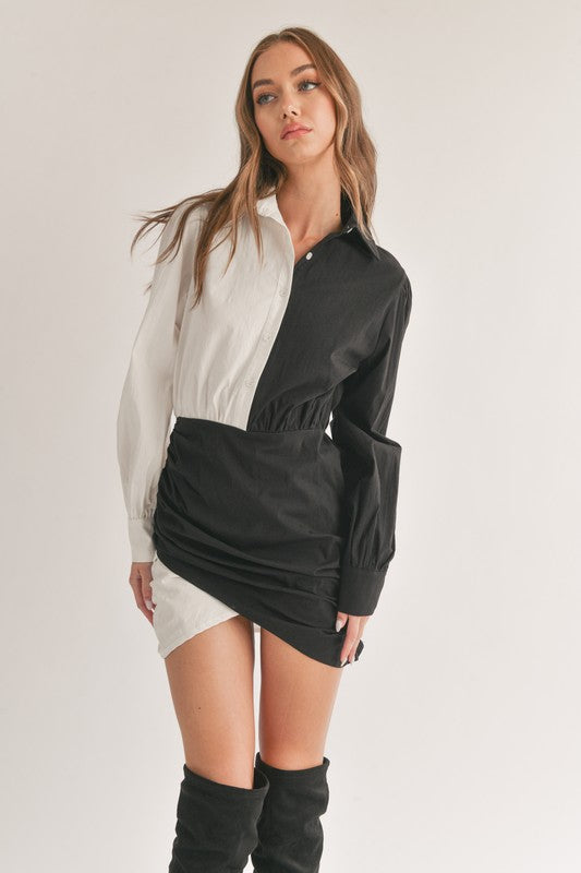 Split Decision White and Black Color Block Wrap Mini Dress