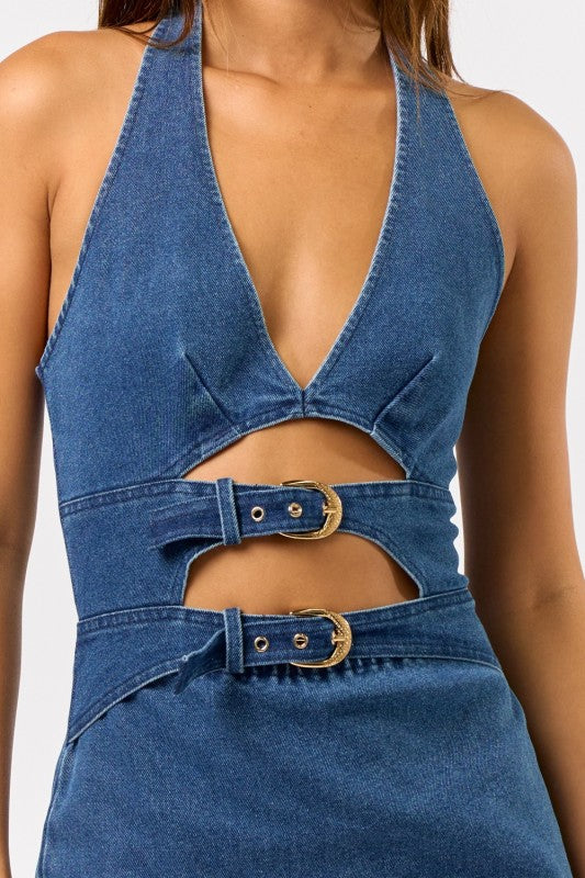Buckle Up Buttercup Gold Buckle Denim Mini Dress M