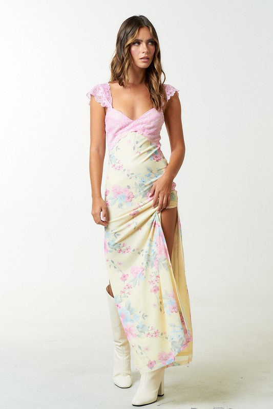 Pretty In Pastels Floral Print Lace Maxi Dress Haute2Wear