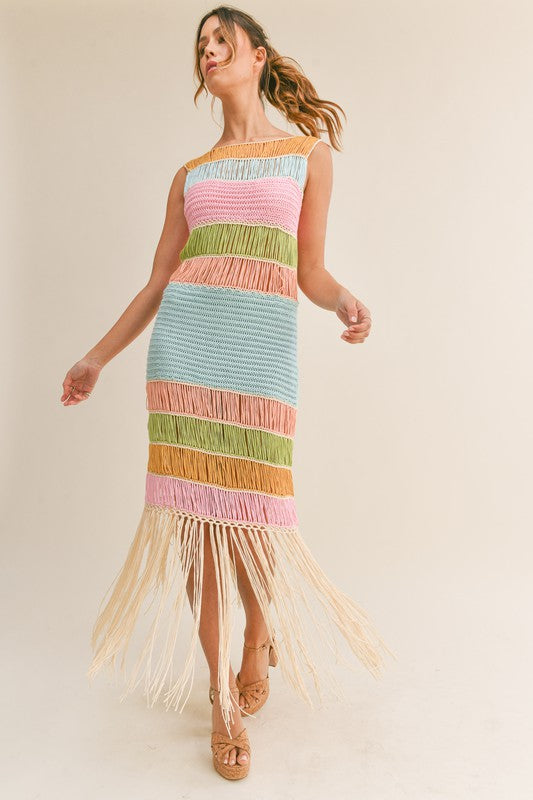 Take Me Away Multicolor Crochet Fringe Midi Dress Take Me Away Multicolor Crochet Fringe Midi Dress