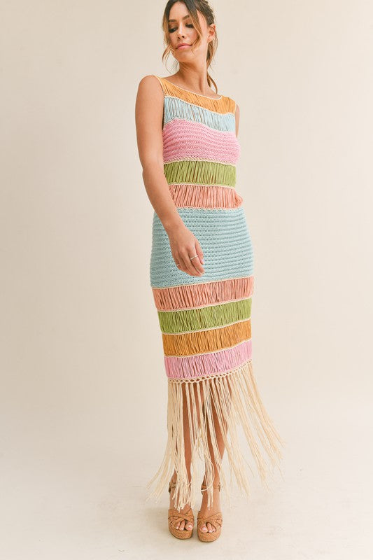 Take Me Away Multicolor Crochet Fringe Midi Dress