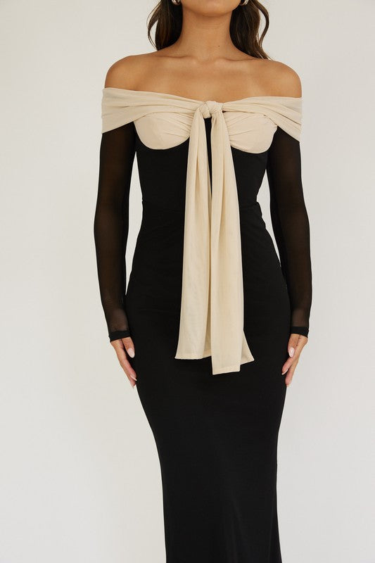 long sleeve maxi dress black tie Long Sleeve Crystal Tie Maxi Dress Black