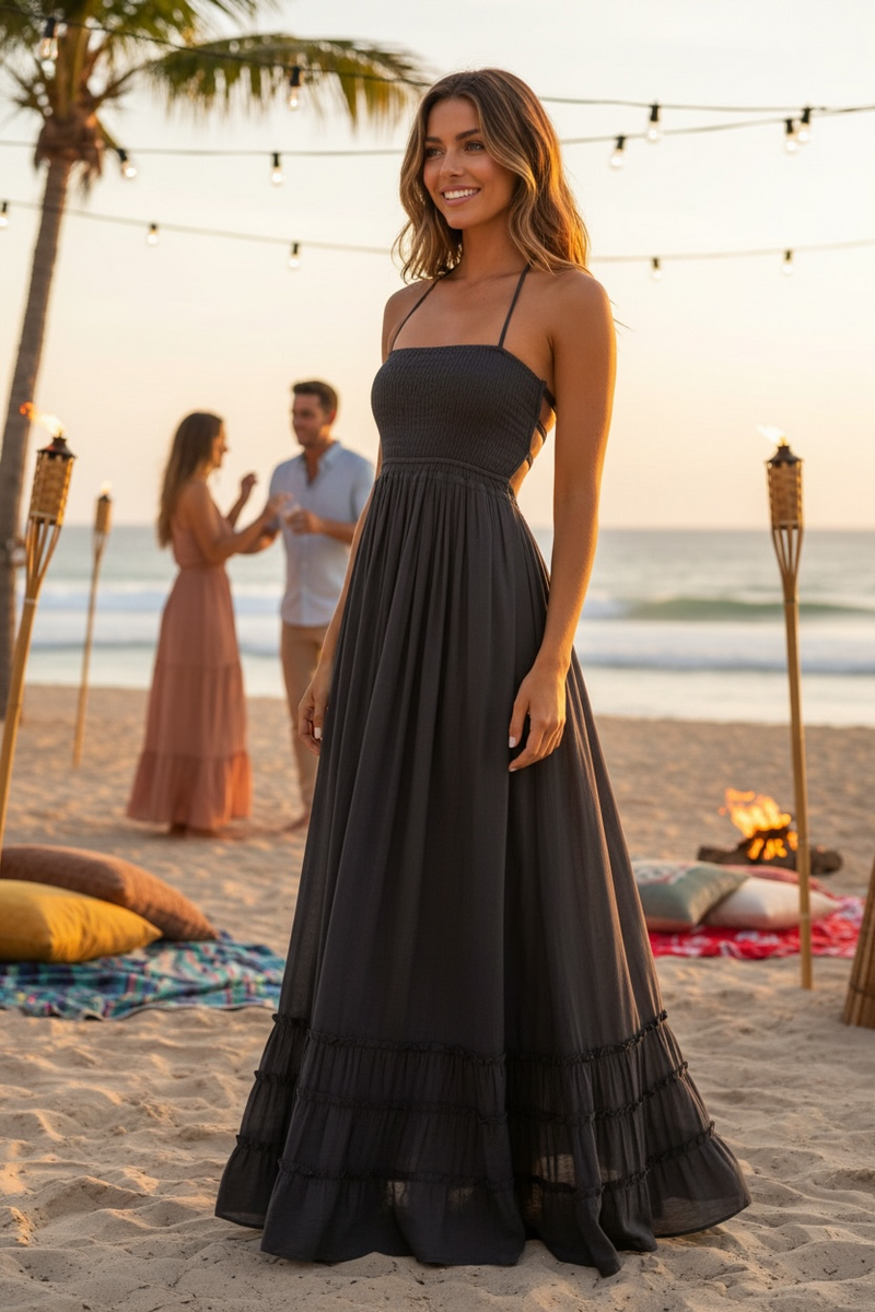 black maxi beach dress ASOS DESIGN Abigail crochet maxi beach dress with beaded detail in black