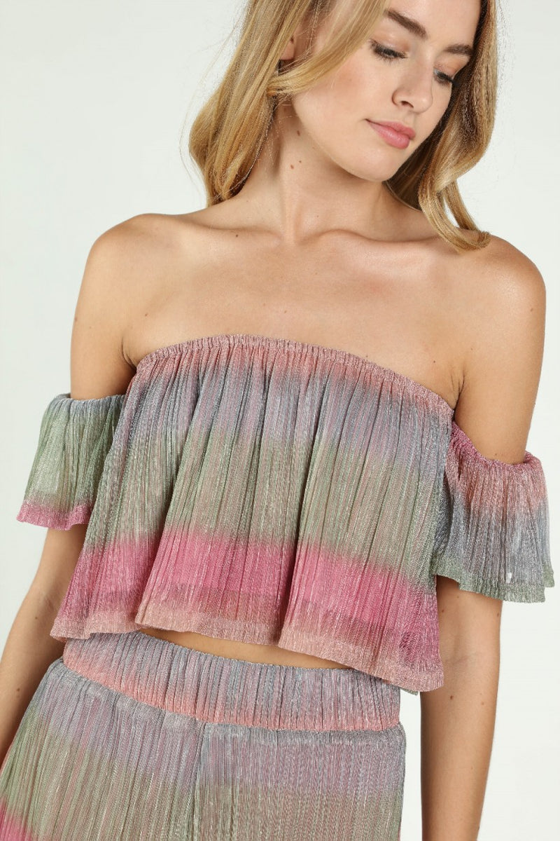 Another Round Shimmer Off The Shoulder Crop Top – Haute2Wear