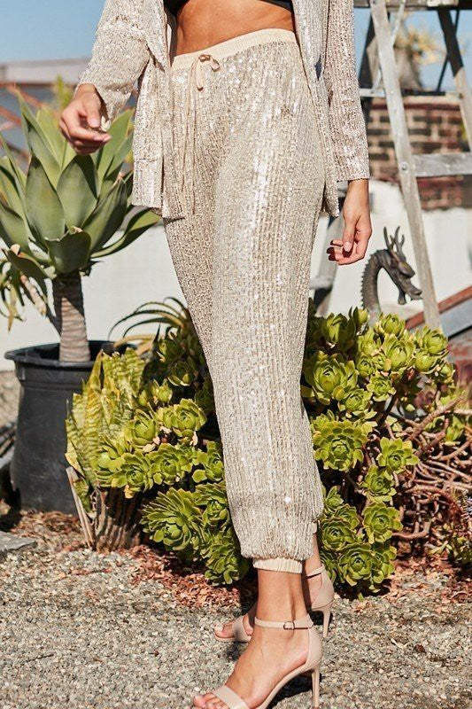 CHAMPAGNE GOLD SEQUIN JOGGER STYLE TROUSERS