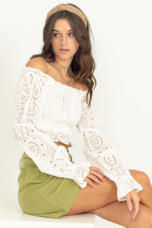 Love in the Summer White Eyelet Lace Off-the-Shoulder Top