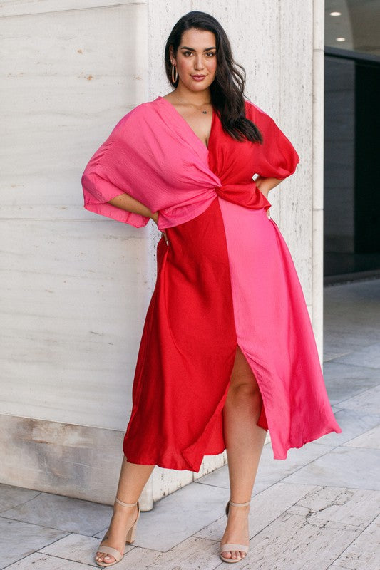 pink and red colorblock dress Take Me Out Red and Pink Color Block Plus Size Dress – Haute2Wear