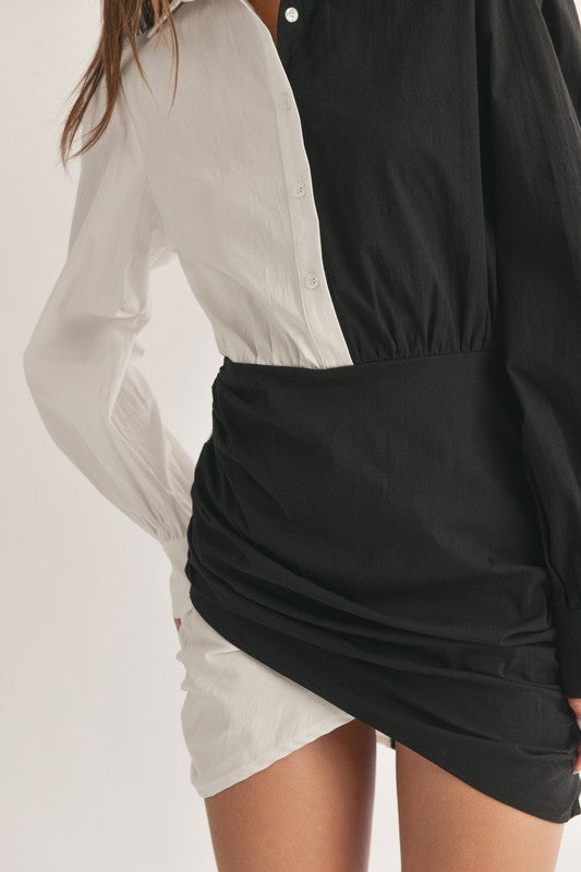Split Decision White and Black Color Block Wrap Mini Dress S Split Decision White and Black Color Block Wrap Mini Dress S