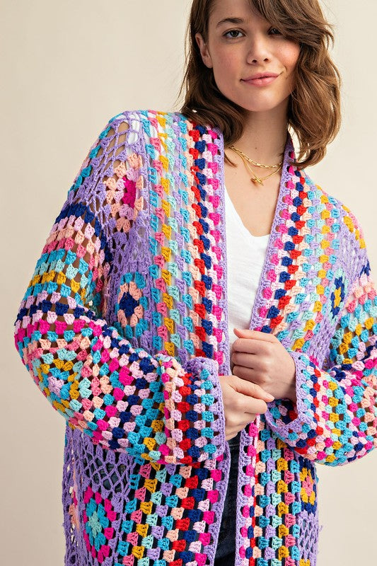 Destination Secured Purple Granny Square Crochet Fringe Cardigan