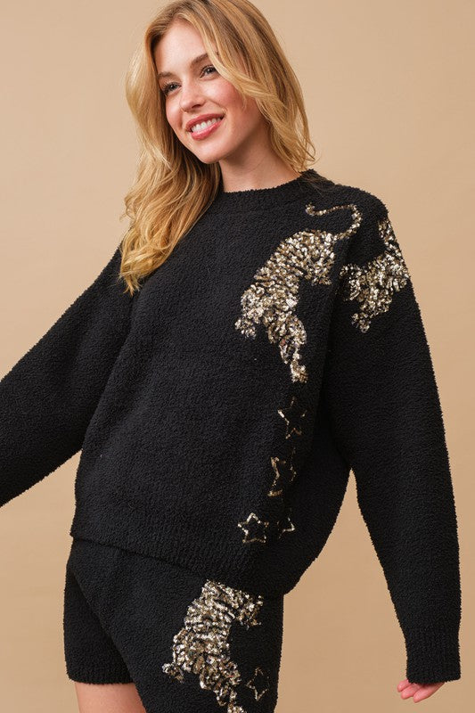 Hear Me Roar Sequin Tiger Fuzzy Sweater Set