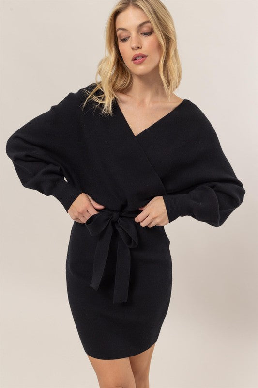 Drinks After Work Black Belted Sweater Dress