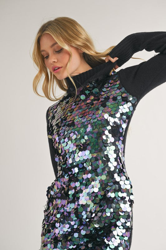 Hits The Spot Iridescent Sequin Sweater Dress In Black Hits The Spot Iridescent Sequin Sweater Dress In Black