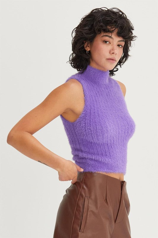 As If Purple Fuzzy Sleeveless Turtleneck Top