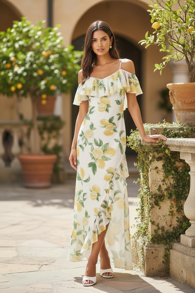 Sunsets In Capri Lemon Print Ruffle Midi Dress