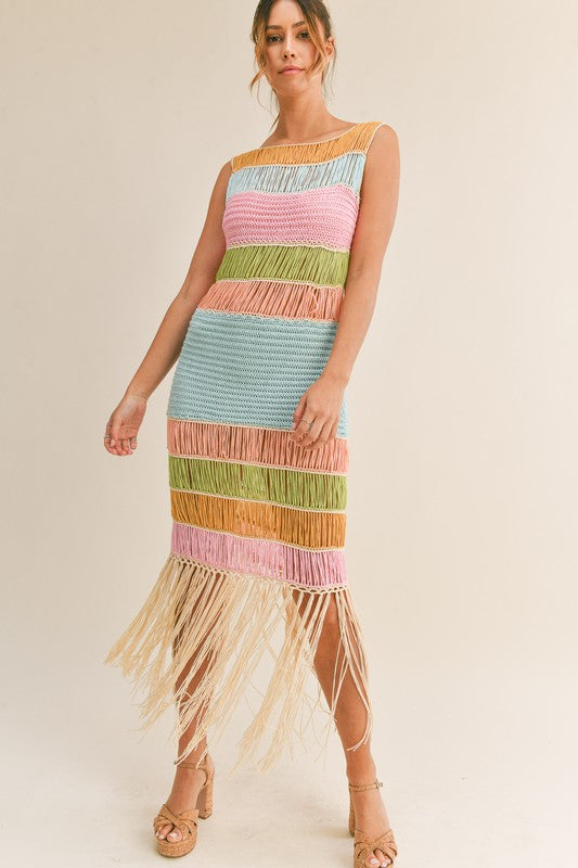 Take Me Away Multicolor Crochet Fringe Midi Dress