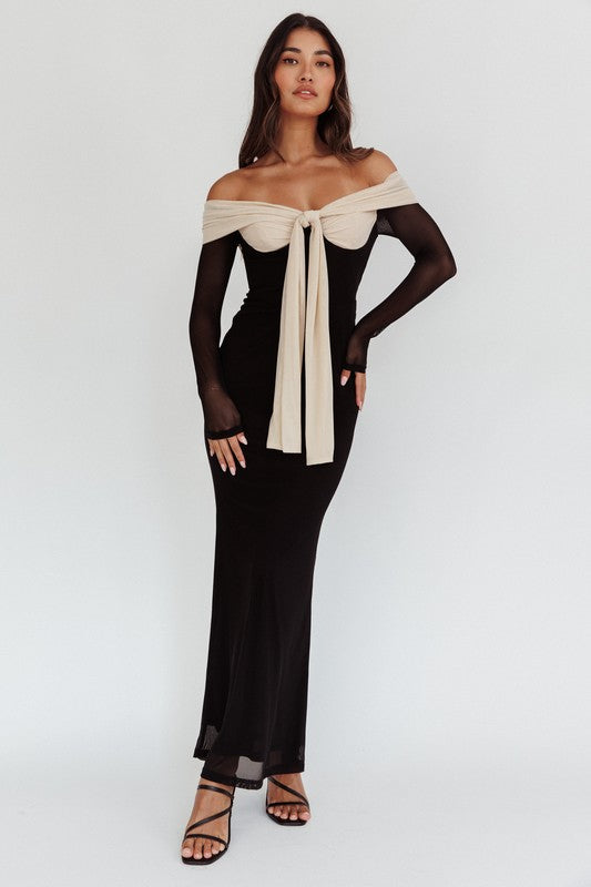 Strangers In The Night Off Shoulder Black Tie Maxi Dress – Haute2Wear