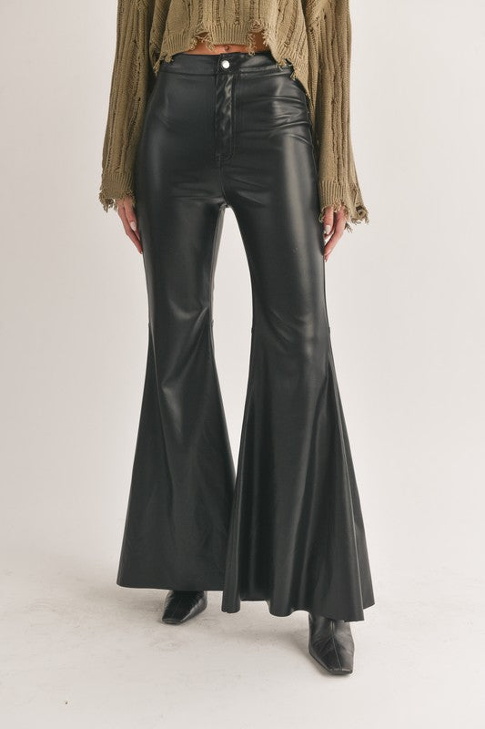 We're Good To Go Black Faux Leather Bell Bottoms