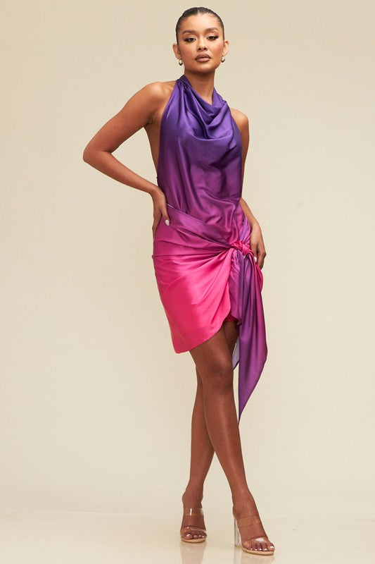 Purple Midi Dress - Satin Cowl Neck Dress - Magenta Adjustable Runched Dress
