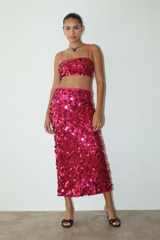 We Own The Night Hot Pink Sequin Midi Skirt