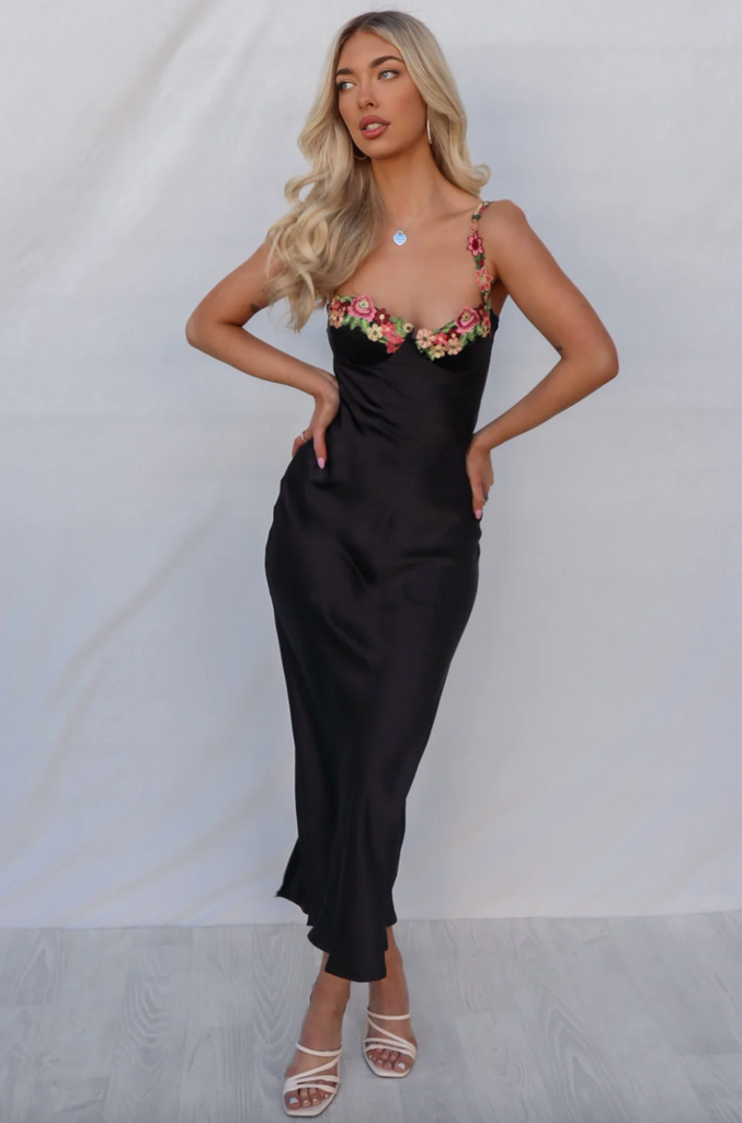 Hello Stranger Floral Bust Black Satin Midi Dress Haute2Wear Hello Stranger Floral Bust Black Satin Midi Dress Haute2Wear