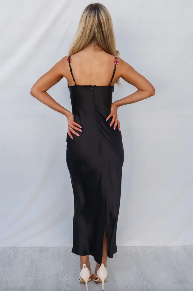 Hello Stranger Floral Bust Black Satin Midi Dress XS