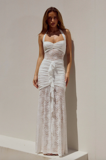 strapless open back dress White Diamante Mesh Godet Maxi Dress – Rare London main image 0