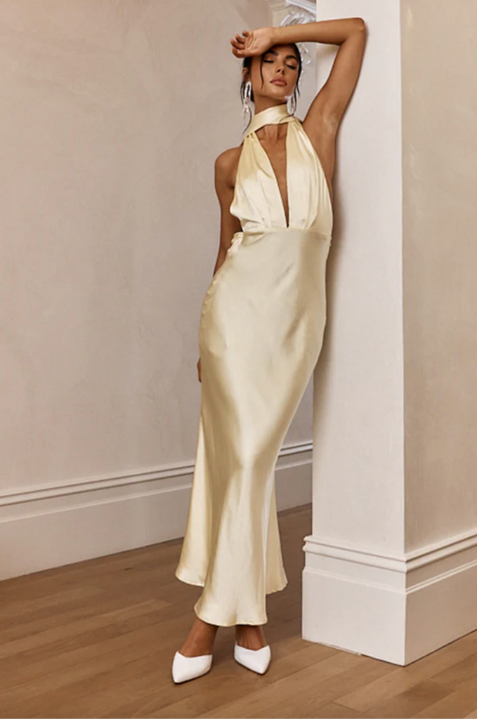 Andy Yellow Satin Halter Maxi Dress