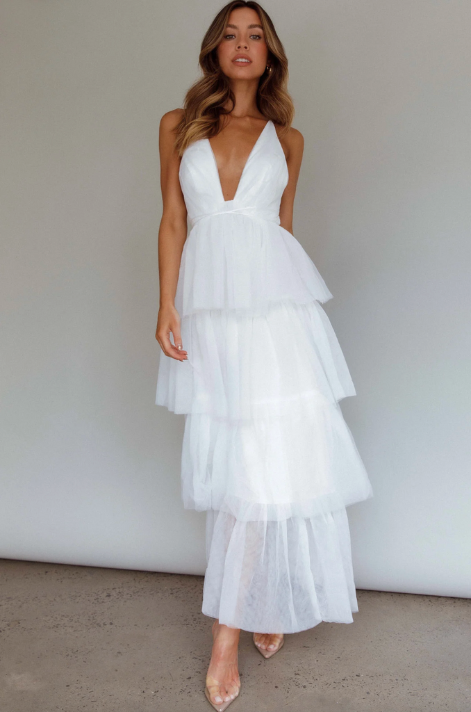 A Bridal Moment White Tulle Tiered Maxi Dress – Haute2Wear