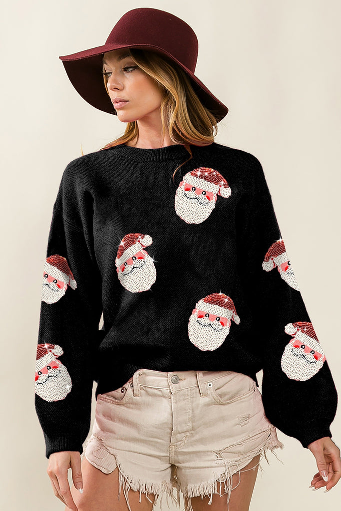 Santa Baby Sequin Patch Black Pullover Sweater