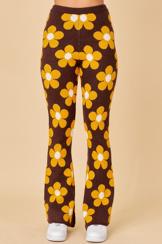 Living The Life Brown Daisy Print Knit Flare Pants