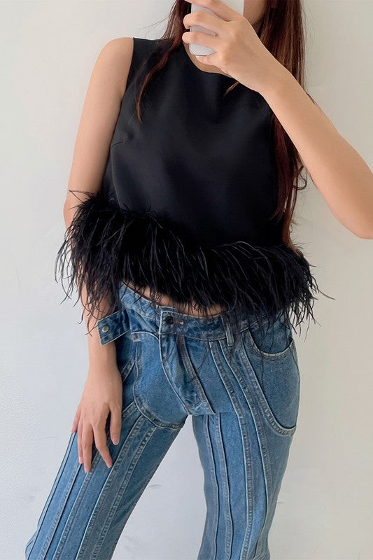 Putting On The Ritz Black Feather Hem Top
