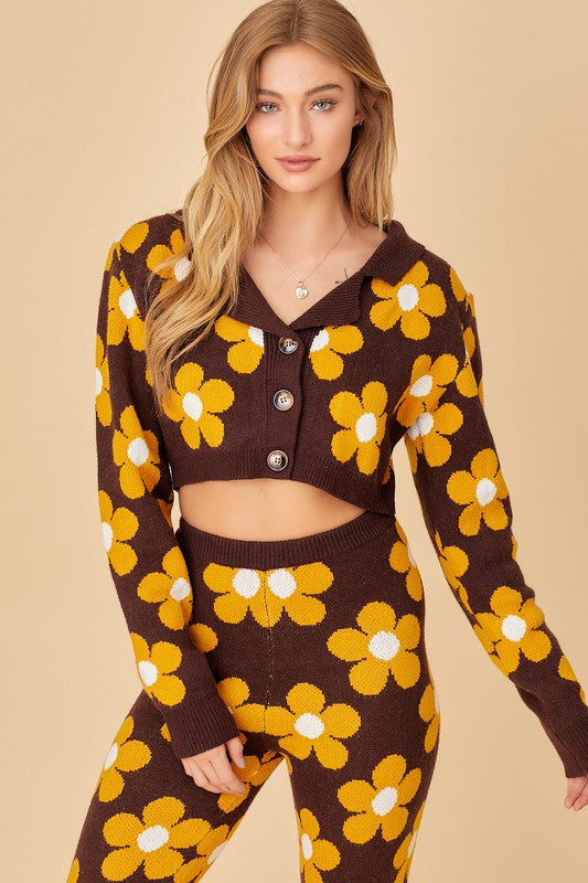 Living The Life Brown Daisy Print Knit Sweater
