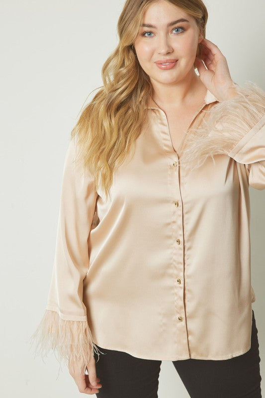 Champagne Afternoons Feather Wrist Satin Plus Size Shirt
