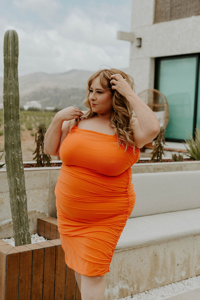 Too Hot To Handle Orange Ruched Plus Size Midi Dress – Haute2Wear