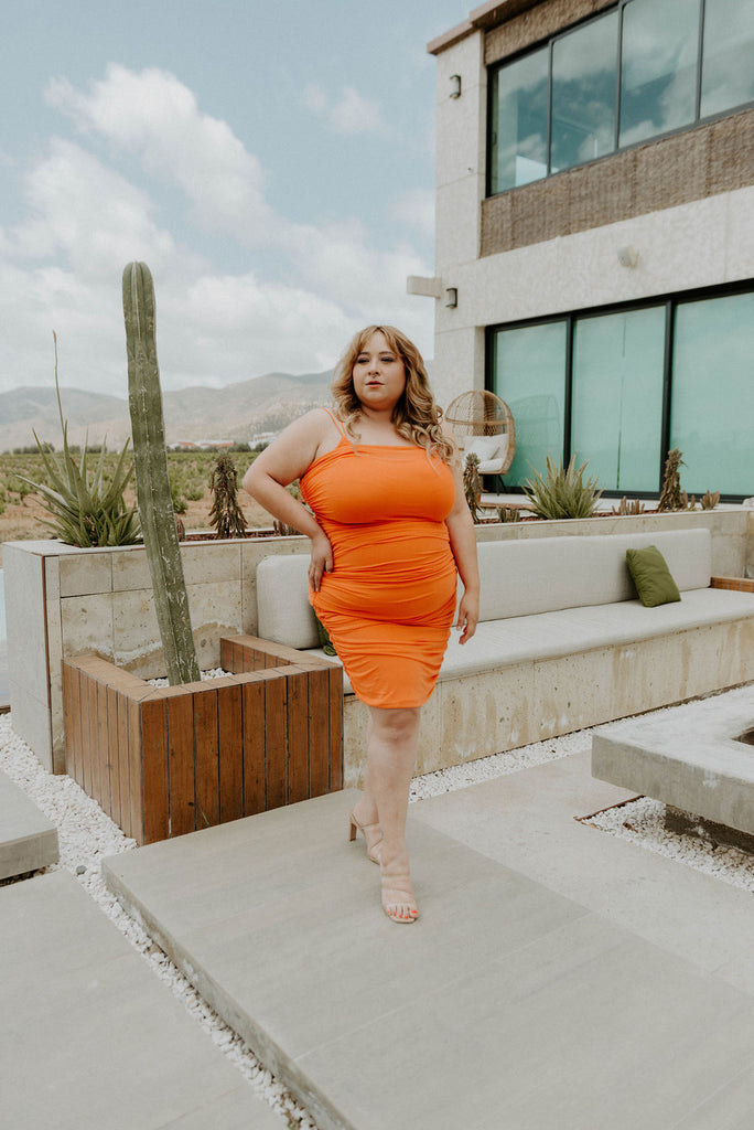 Too Hot To Handle Orange Ruched Plus Size Midi Dress – Haute2Wear