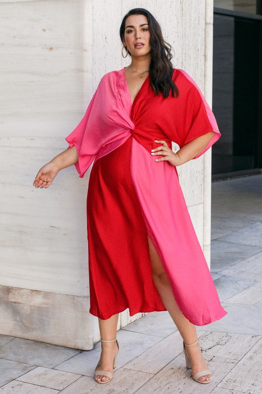 Take Me Out Red and Pink Color Block Plus Size Dress, color blocks red 