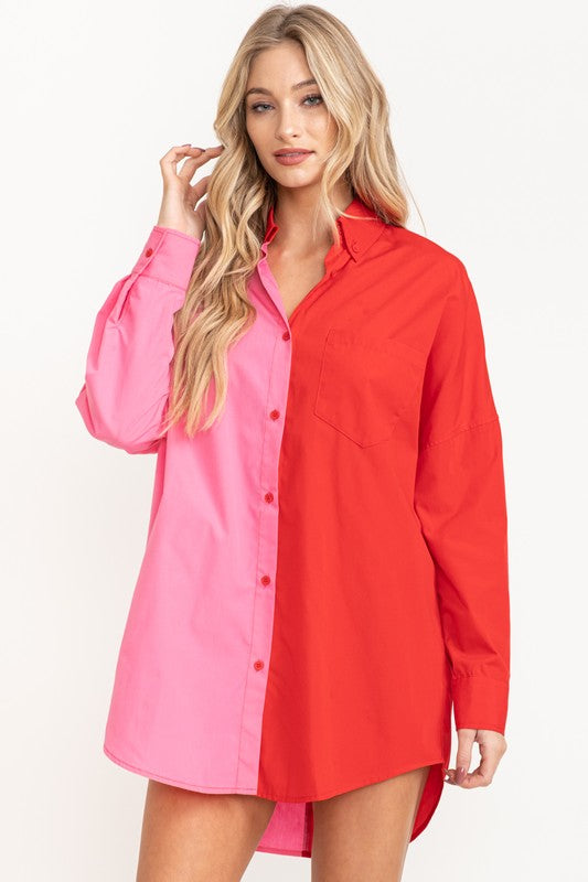 Keep It Up Red and Pink Color Block Button Down Shirt