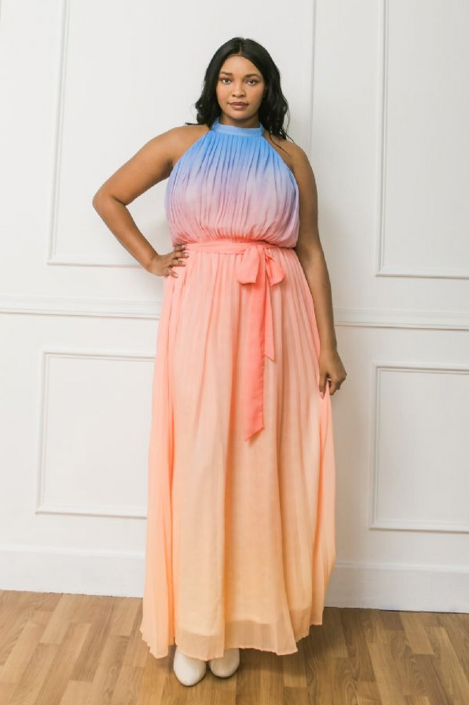 Walk Into The Sunset Ombre Pleated Plus Size Maxi Dress