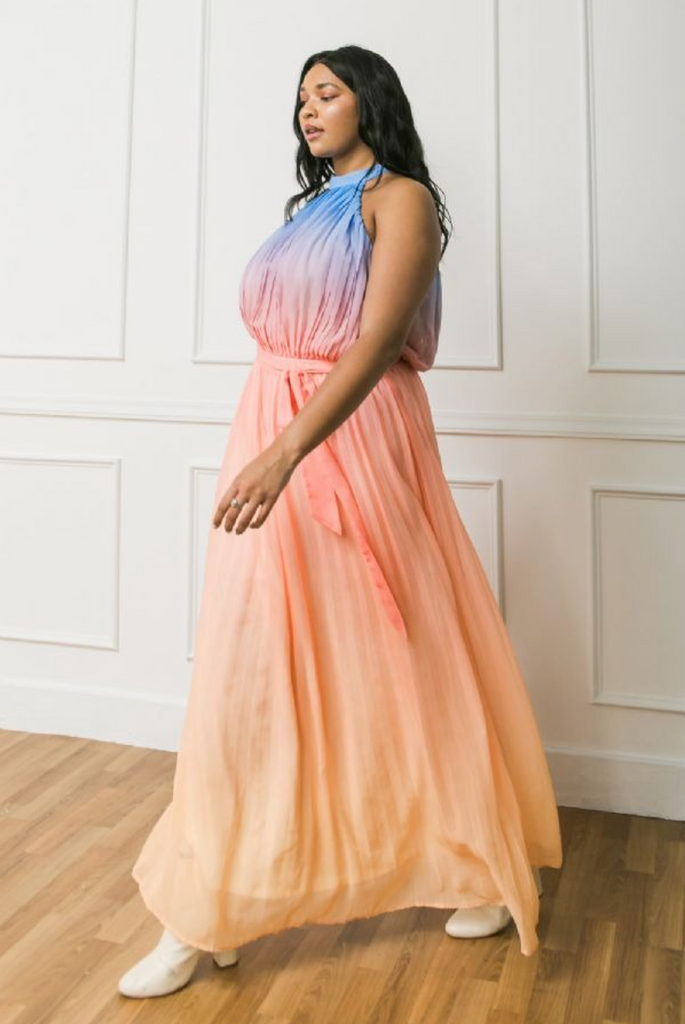 Walk Into The Sunset Ombre Pleated Plus Size Maxi Dress – Haute2Wear