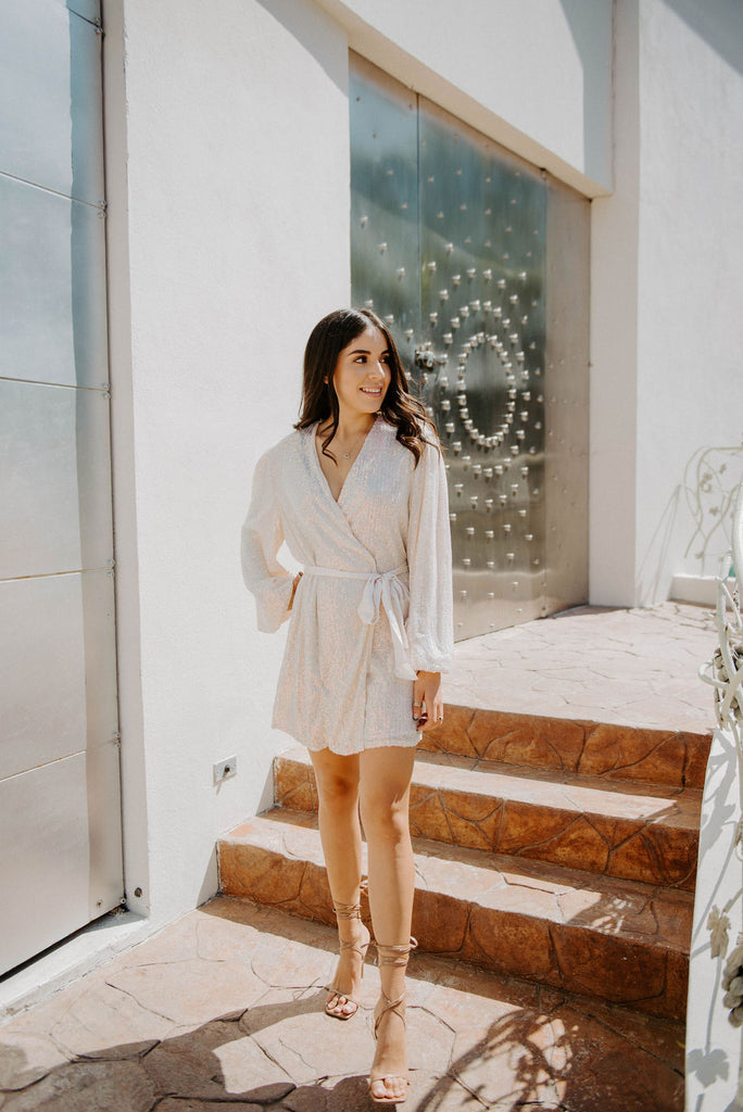 white sequin wrap dress TINSLEY SEQUIN WRAP DRESS/ROBE